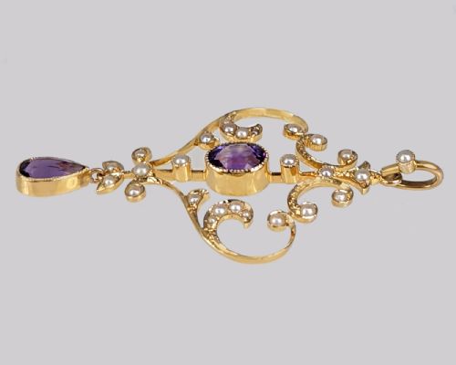 ANTIQUE AMETHYST SEED PEARL PENDANT EDWARDIAN 9CT GOLD VINTAGE PENDANT CA 1910 - ADDITIONAL PHOTO 3