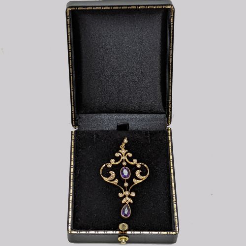 ANTIQUE AMETHYST SEED PEARL PENDANT EDWARDIAN 9CT GOLD VINTAGE PENDANT CA 1910 - ADDITIONAL PHOTO 5