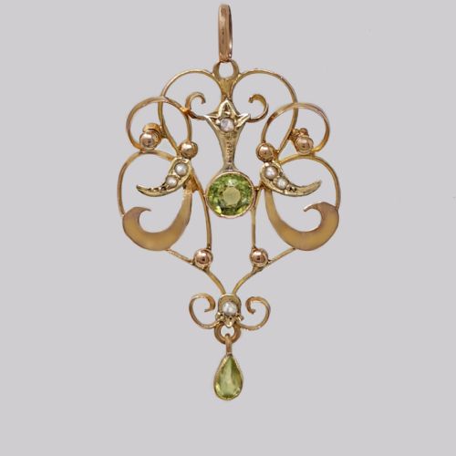 edwardian peridot pearl pendant vintage 9ct gold antique art nouveau pendant - CATEGORY: ANTIQUE JEWELLERY - DATED EDWARDIAN