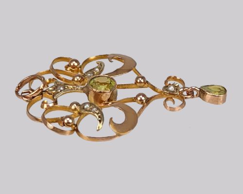 EDWARDIAN PERIDOT PEARL PENDANT VINTAGE 9CT GOLD ANTIQUE ART NOUVEAU PENDANT - ADDITIONAL PHOTO 2