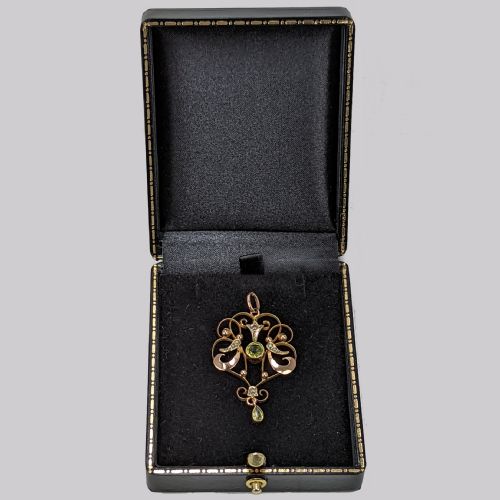 EDWARDIAN PERIDOT PEARL PENDANT VINTAGE 9CT GOLD ANTIQUE ART NOUVEAU PENDANT - ADDITIONAL PHOTO 3