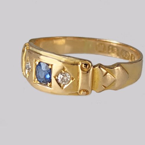 18CT GOLD VICTORIAN SAPPHIRE DIAMOND GYPSY RING ANTIQUE TRILOGY BIRMINGHAM 1893 - ADDITIONAL PHOTO 1