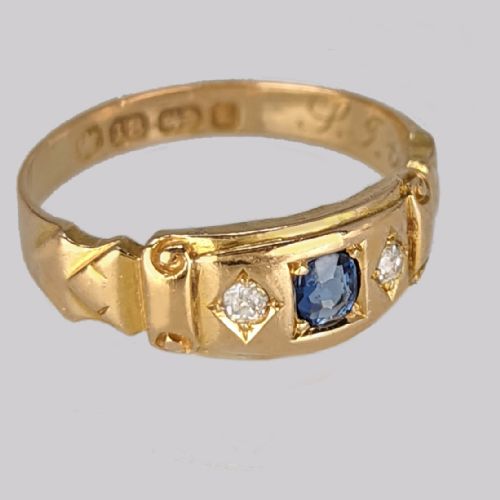 18CT GOLD VICTORIAN SAPPHIRE DIAMOND GYPSY RING ANTIQUE TRILOGY BIRMINGHAM 1893 - ADDITIONAL PHOTO 2