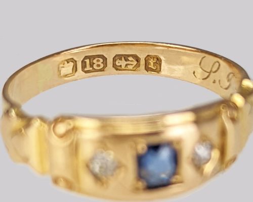 18CT GOLD VICTORIAN SAPPHIRE DIAMOND GYPSY RING ANTIQUE TRILOGY BIRMINGHAM 1893 - ADDITIONAL PHOTO 3
