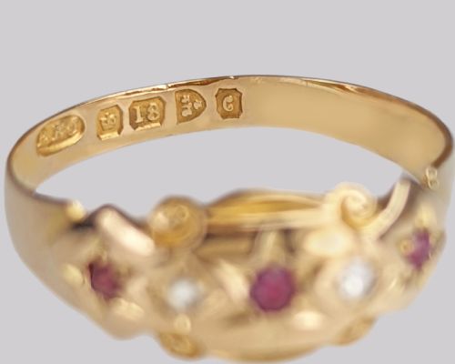 18CT GOLD ANTIQUE RUBY DIAMOND RING VINTAGE GYPSY RING HALLMARKED CHESTER 1903 - ADDITIONAL PHOTO 3