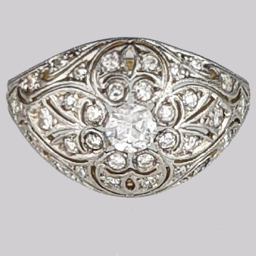 art deco old cut diamond 18ct gold platinum 1920's large cluster bomb ring - CATEGORY: ANTIQUE JEWELLERY - DATED 1920