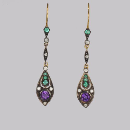 vintage amethyst emerald diamond suffragette coloured edwardian style dangle earrings - CATEGORY: ANTIQUE JEWELLERY - DATED 1950