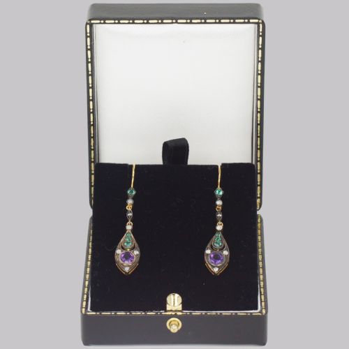 VINTAGE AMETHYST EMERALD DIAMOND SUFFRAGETTE COLOURED EDWARDIAN STYLE DANGLE EARRINGS - ADDITIONAL PHOTO 3