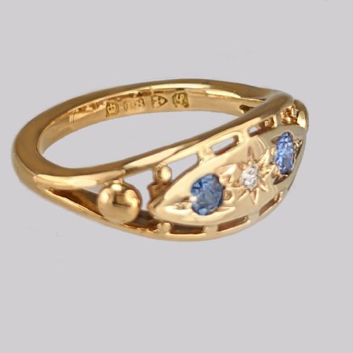 ANTIQUE SAPPHIRE OLD CUT DIAMOND GYPSY RING EDWARDIAN 18CT GOLD CHESTER 1911 - ADDITIONAL PHOTO 1