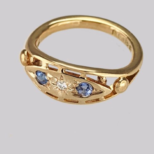 ANTIQUE SAPPHIRE OLD CUT DIAMOND GYPSY RING EDWARDIAN 18CT GOLD CHESTER 1911 - ADDITIONAL PHOTO 4