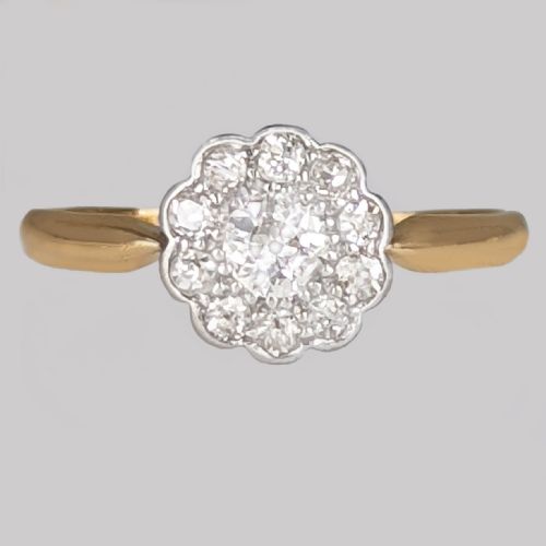 vintage old cut diamond cluster ring 18ct gold antique flower ring circa 1920's - CATEGORY: ANTIQUE JEWELLERY - DATED 1920