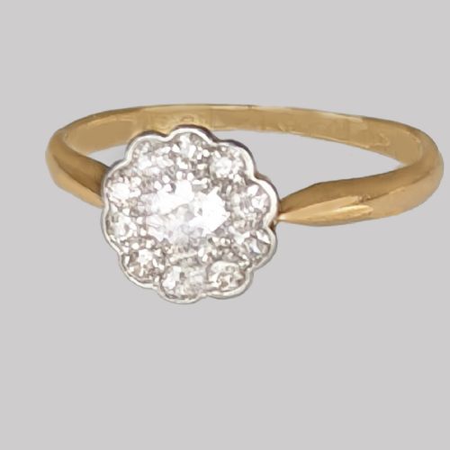 VINTAGE OLD CUT DIAMOND CLUSTER RING 18CT GOLD ANTIQUE FLOWER RING CIRCA 1920'S - ADDITIONAL PHOTO 1