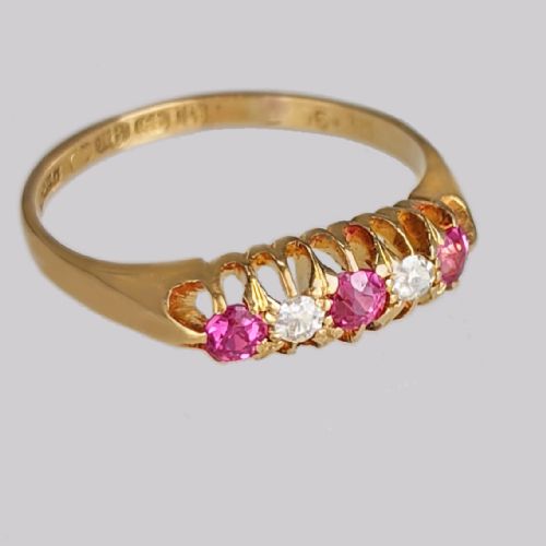 ANTIQUE RUBY DIAMOND FIVE STONE RING 18CT GOLD VINTAGE RING BIRMINGHAM 1912 - ADDITIONAL PHOTO 1