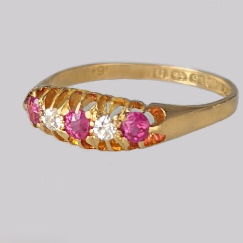 ANTIQUE RUBY DIAMOND FIVE STONE RING 18CT GOLD VINTAGE RING BIRMINGHAM 1912 - ADDITIONAL PHOTO 2
