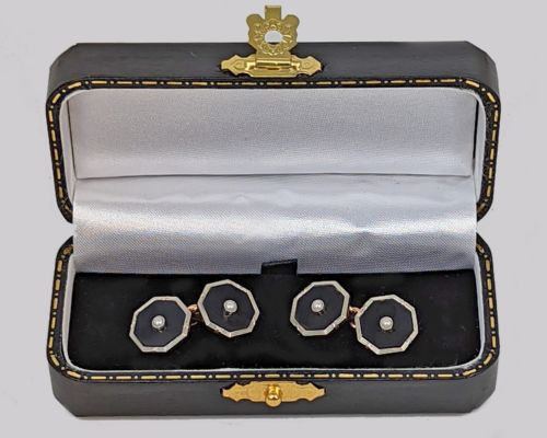 ART DECO PEARL ONYX CUFFLINKS ANTIQUE 1920S 9CT GOLD WILSON GILL CUFF LINKS - ADDITIONAL PHOTO 1