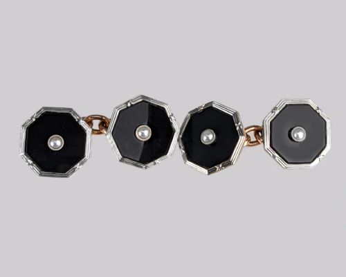 ART DECO PEARL ONYX CUFFLINKS ANTIQUE 1920S 9CT GOLD WILSON GILL CUFF LINKS - ADDITIONAL PHOTO 4