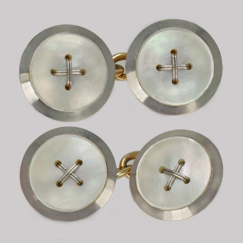 antique mother of pearl 9ct gold platinum cufflinks edwardian art deco 1920s button cuff links - CATEGORY: ANTIQUE JEWELLERY - DATED 1920