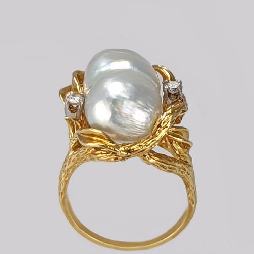 VINTAGE BAROQUE PEARL DIAMOND RING 18CT YELLOW GOLD 1950S LARGE COCKTAIL RING - ADDITIONAL PHOTO 4