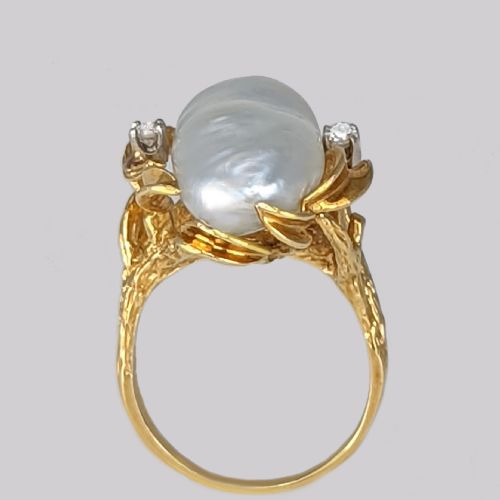 VINTAGE BAROQUE PEARL DIAMOND RING 18CT YELLOW GOLD 1950S LARGE COCKTAIL RING - ADDITIONAL PHOTO 5