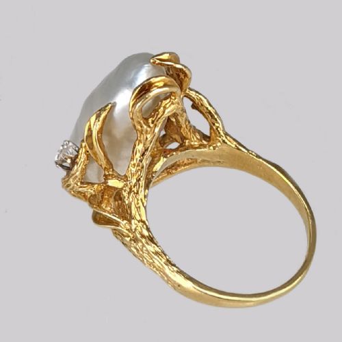VINTAGE BAROQUE PEARL DIAMOND RING 18CT YELLOW GOLD 1950S LARGE COCKTAIL RING - ADDITIONAL PHOTO 6