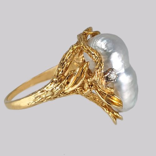 VINTAGE BAROQUE PEARL DIAMOND RING 18CT YELLOW GOLD 1950S LARGE COCKTAIL RING - ADDITIONAL PHOTO 7