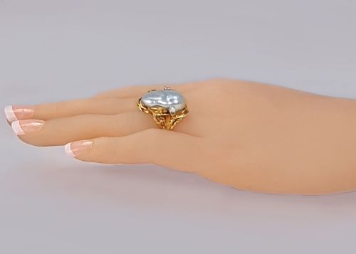 VINTAGE BAROQUE PEARL DIAMOND RING 18CT YELLOW GOLD 1950S LARGE COCKTAIL RING - ADDITIONAL PHOTO 10