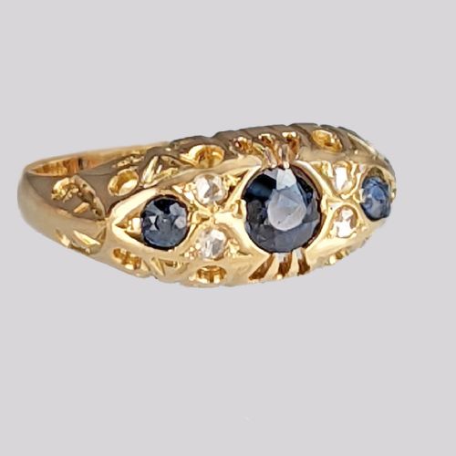 ANTIQUE SAPPHIRE ROSE CUT DIAMOND RING 18CT GOLD VINTAGE RING HALLMARKED BIRMINGHAM 1919 - ADDITIONAL PHOTO 2