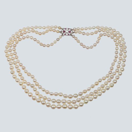 edwardian pearl necklace diamond ruby clasp antique three strand pearl choker - CATEGORY: ANTIQUE JEWELLERY - DATED EDWARDIAN