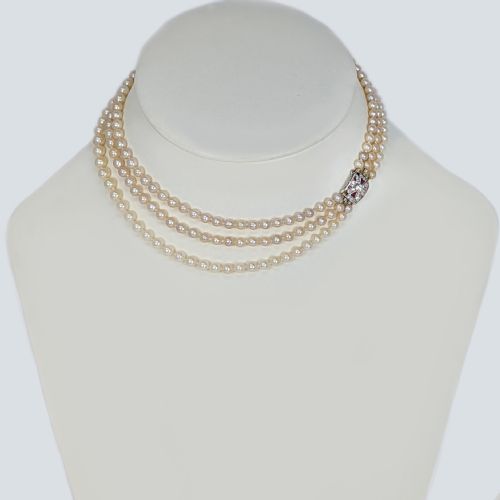 EDWARDIAN PEARL NECKLACE DIAMOND RUBY CLASP ANTIQUE THREE STRAND PEARL CHOKER - ADDITIONAL PHOTO 2