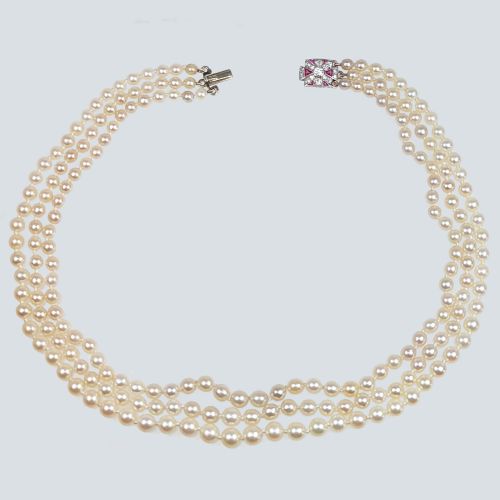 EDWARDIAN PEARL NECKLACE DIAMOND RUBY CLASP ANTIQUE THREE STRAND PEARL CHOKER - ADDITIONAL PHOTO 3
