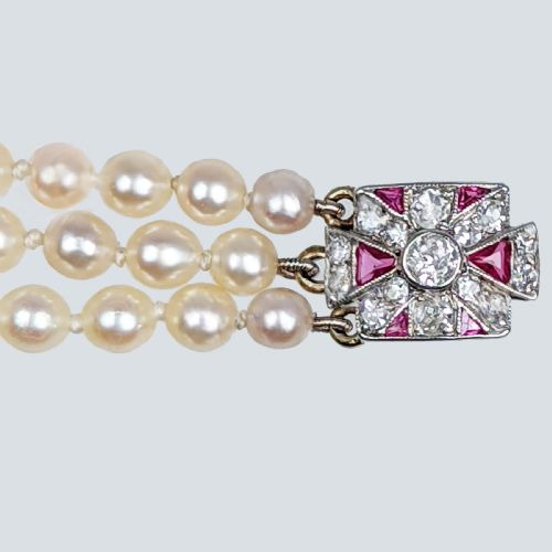 EDWARDIAN PEARL NECKLACE DIAMOND RUBY CLASP ANTIQUE THREE STRAND PEARL CHOKER - ADDITIONAL PHOTO 4