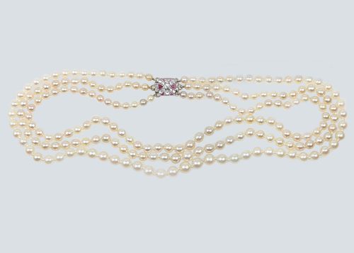 EDWARDIAN PEARL NECKLACE DIAMOND RUBY CLASP ANTIQUE THREE STRAND PEARL CHOKER - ADDITIONAL PHOTO 6