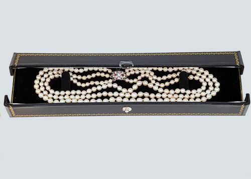 EDWARDIAN PEARL NECKLACE DIAMOND RUBY CLASP ANTIQUE THREE STRAND PEARL CHOKER - ADDITIONAL PHOTO 7
