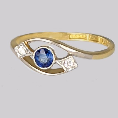 VINTAGE SAPPHIRE OLD CUT DIAMOND TRILOGY RING 18CT GOLD PLATINUM 1930S RING - ADDITIONAL PHOTO 1