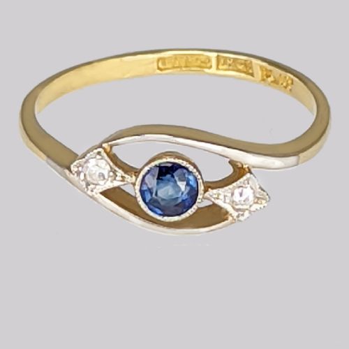 VINTAGE SAPPHIRE OLD CUT DIAMOND TRILOGY RING 18CT GOLD PLATINUM 1930S RING - ADDITIONAL PHOTO 2