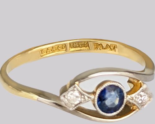VINTAGE SAPPHIRE OLD CUT DIAMOND TRILOGY RING 18CT GOLD PLATINUM 1930S RING - ADDITIONAL PHOTO 3