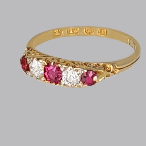 VICTORIAN RUBY OLD CUT DIAMOND RING 18CT GOLD ANTIQUE ORNATE FIVE STONE RING - ADDITIONAL PHOTO 2