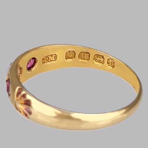 VICTORIAN OLD CUT DIAMOND RUBY RING 18CT ROSE GOLD ANTIQUE GYPSY TRILOGY RING BIRMINGHAM 1891 - ADDITIONAL PHOTO 3