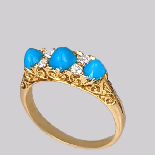 victorian turquoise diamond ring 18ct gold ornate english antique ring circa 1890 - CATEGORY: ANTIQUE JEWELLERY - DATED VICTORIAN