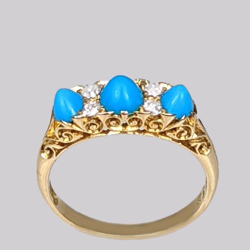 VICTORIAN TURQUOISE DIAMOND RING 18CT GOLD ORNATE ENGLISH ANTIQUE RING CIRCA 1890 - ADDITIONAL PHOTO 1