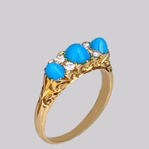 VICTORIAN TURQUOISE DIAMOND RING 18CT GOLD ORNATE ENGLISH ANTIQUE RING CIRCA 1890 - ADDITIONAL PHOTO 2