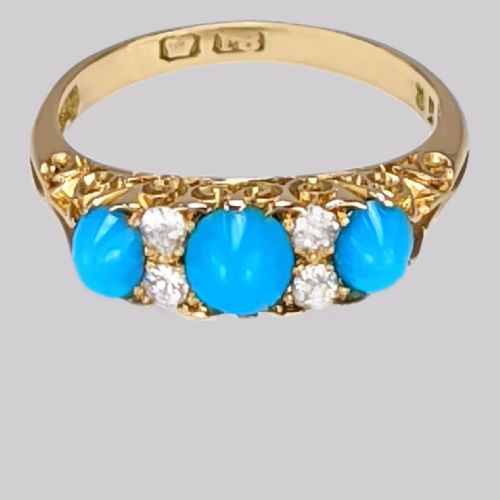 VICTORIAN TURQUOISE DIAMOND RING 18CT GOLD ORNATE ENGLISH ANTIQUE RING CIRCA 1890 - ADDITIONAL PHOTO 3