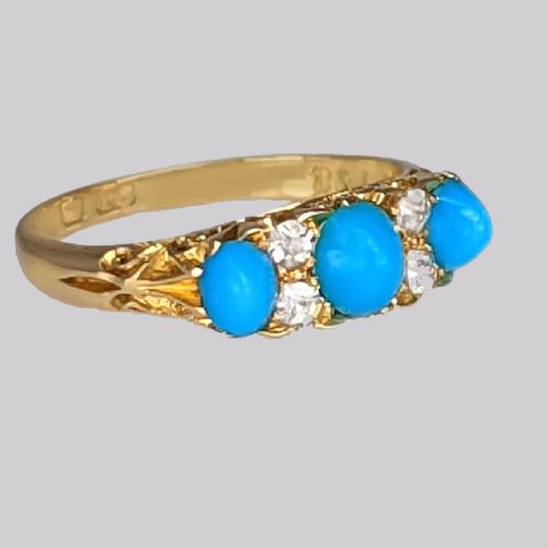 VICTORIAN TURQUOISE DIAMOND RING 18CT GOLD ORNATE ENGLISH ANTIQUE RING CIRCA 1890 - ADDITIONAL PHOTO 4