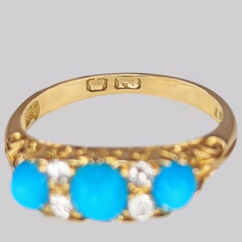 VICTORIAN TURQUOISE DIAMOND RING 18CT GOLD ORNATE ENGLISH ANTIQUE RING CIRCA 1890 - ADDITIONAL PHOTO 5