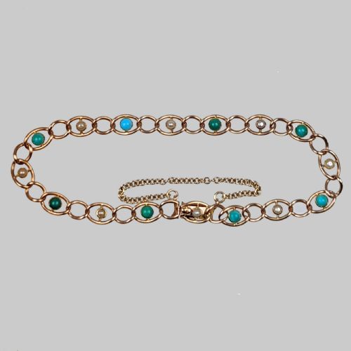 ANTIQUE TURQUOISE SPLIT PEARL BRACELET 9CT GOLD OPEN LINK VICTORIAN BRACELET - ADDITIONAL PHOTO 1
