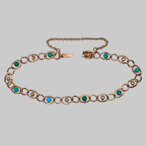 ANTIQUE TURQUOISE SPLIT PEARL BRACELET 9CT GOLD OPEN LINK VICTORIAN BRACELET - ADDITIONAL PHOTO 2