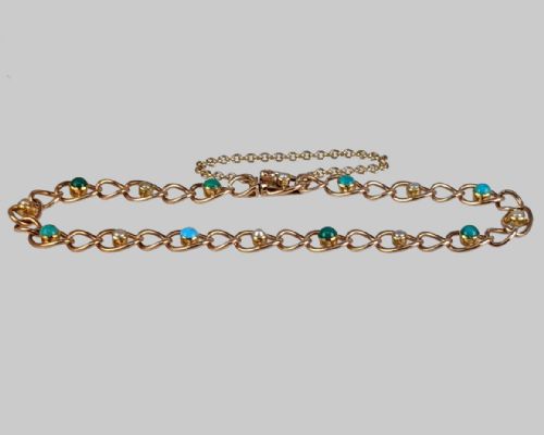 ANTIQUE TURQUOISE SPLIT PEARL BRACELET 9CT GOLD OPEN LINK VICTORIAN BRACELET - ADDITIONAL PHOTO 3