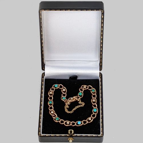 ANTIQUE TURQUOISE SPLIT PEARL BRACELET 9CT GOLD OPEN LINK VICTORIAN BRACELET - ADDITIONAL PHOTO 6