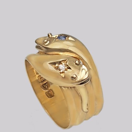 ANTIQUE SNAKE RING 18CT GOLD DIAMOND SAPPHIRE CHESTER 1905 DOUBLE SERPENT RING SIZE U 106 GRAMS - ADDITIONAL PHOTO 1