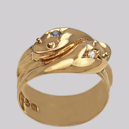 ANTIQUE SNAKE RING 18CT GOLD DIAMOND SAPPHIRE CHESTER 1905 DOUBLE SERPENT RING SIZE U 106 GRAMS - ADDITIONAL PHOTO 3